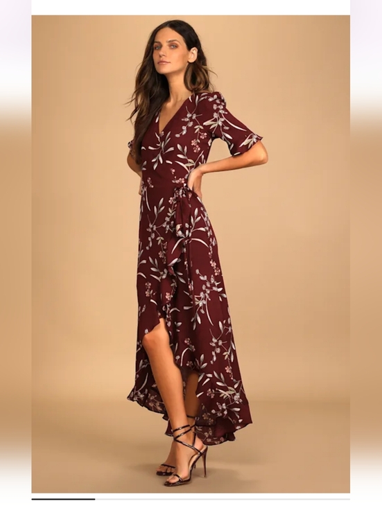 Lulus Dresses & Skirts - Lulu's Wild Winds Burgundy Floral Print High-Low Wrap  Dress